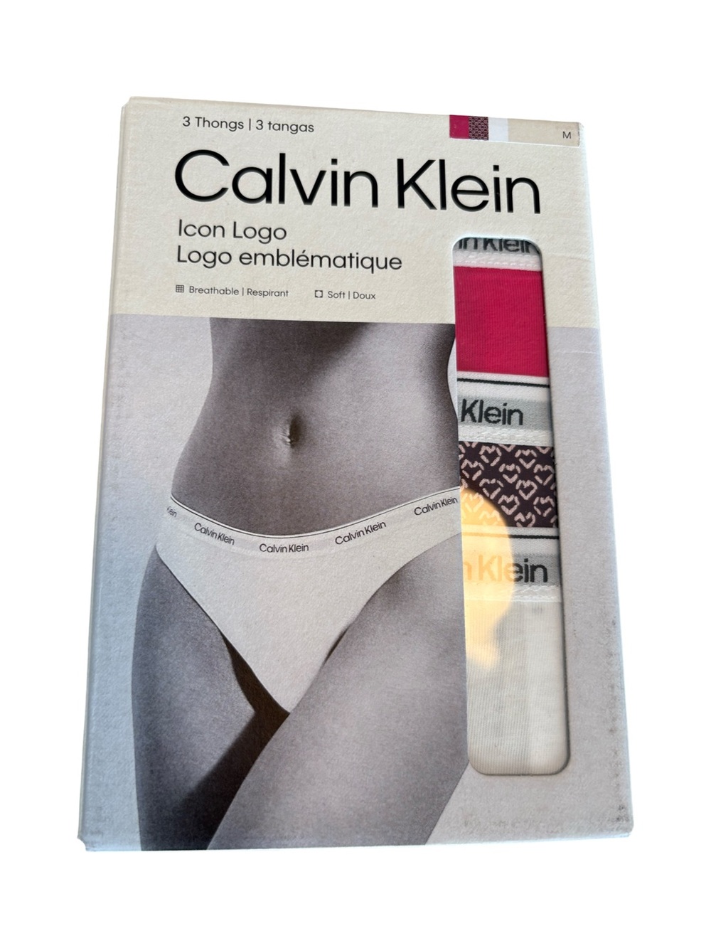 Calvin Klein 3-Pack Icon Logo Thongs - White, Pink, Pattern
